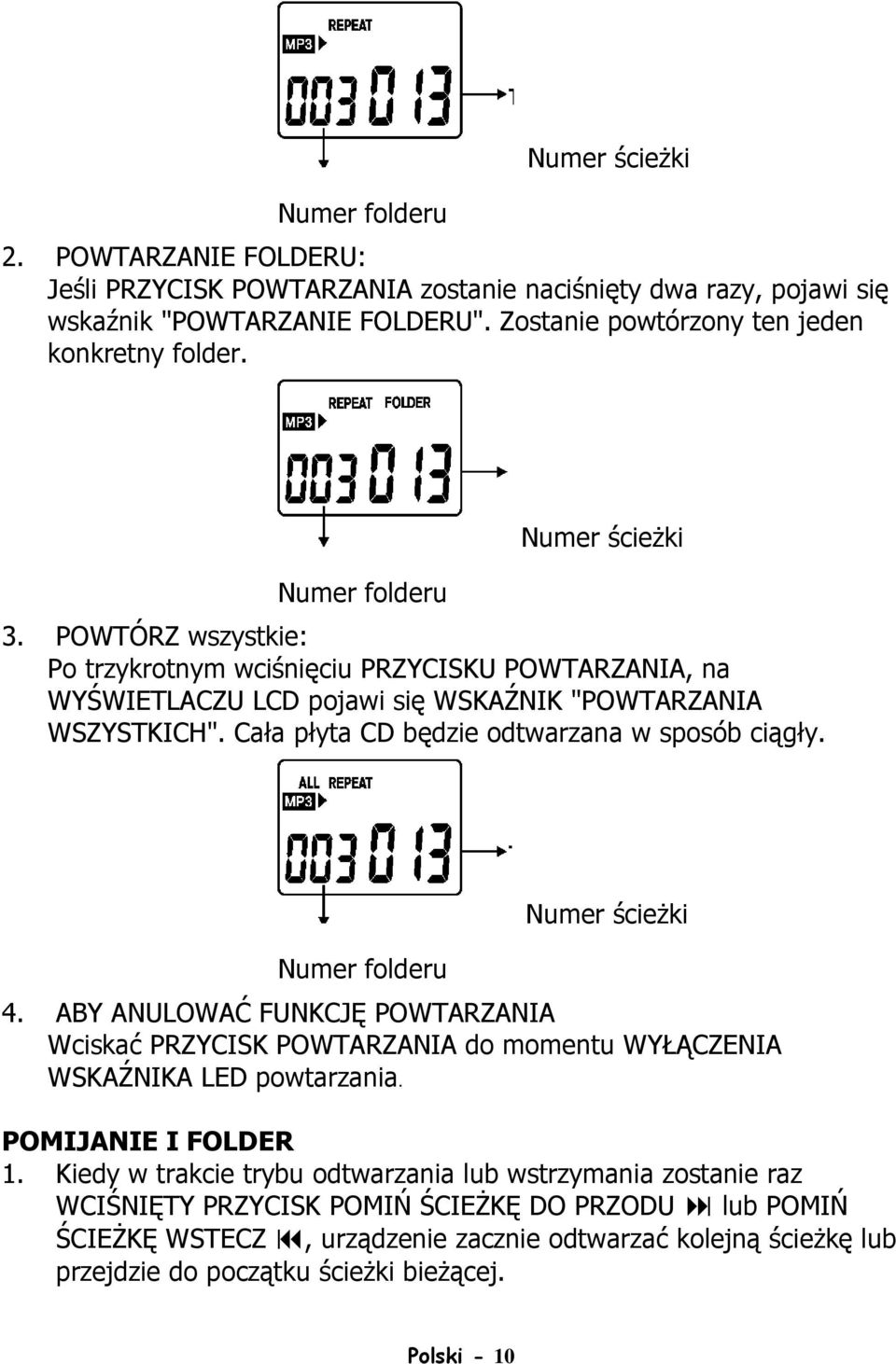 Cała płyta CD będzie odtwarzana w sposób ciągły. Numer folderu Numer ścieŝki 4. ABY ANULOWAĆ FUNKCJĘ POWTARZANIA Wciskać PRZYCISK POWTARZANIA do momentu WYŁĄCZENIA WSKAŹNIKA LED powtarzania.