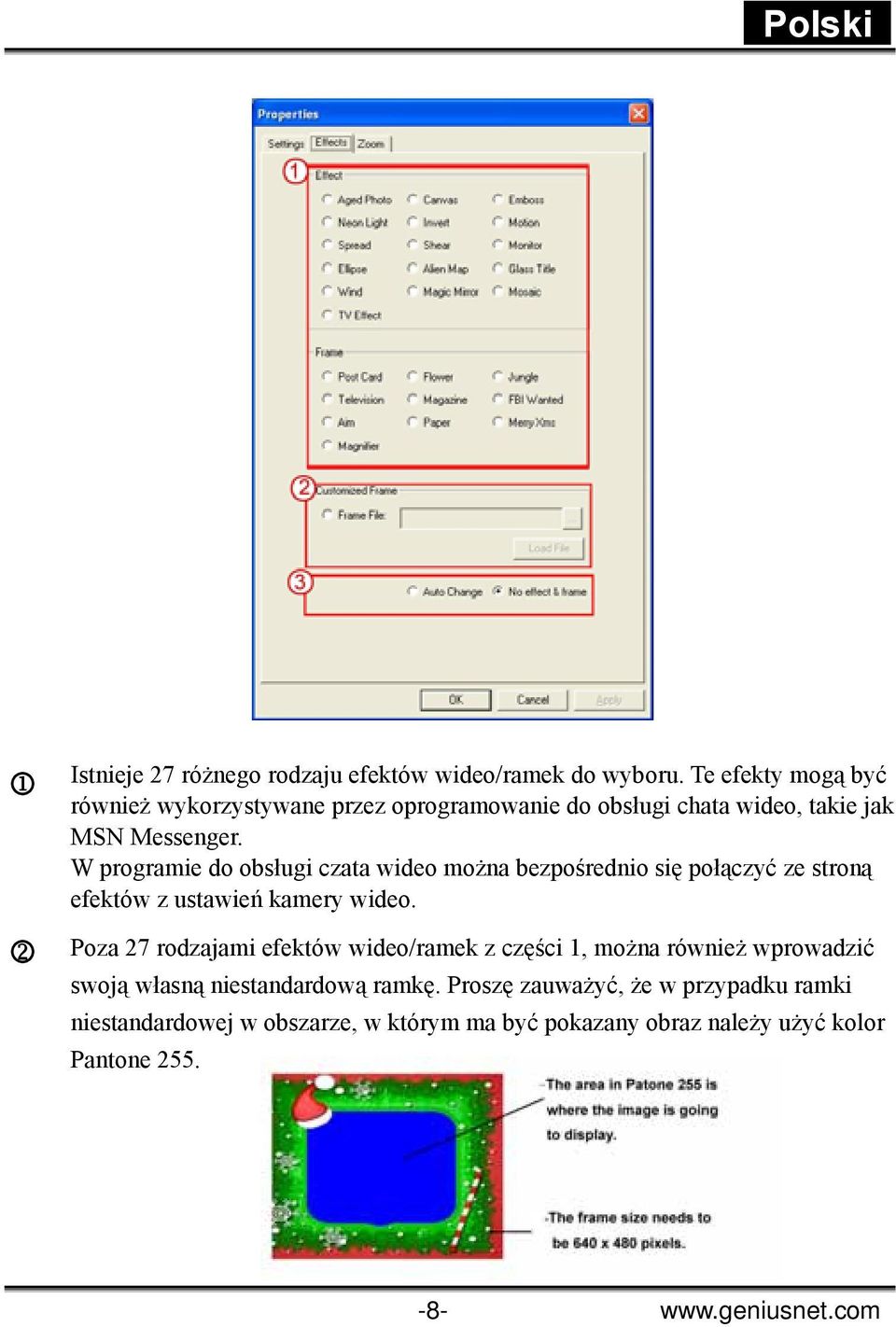 W programie do obsługi czata wideo można bezpośrednio się połączyć ze stroną efektów z ustawień kamery wideo.