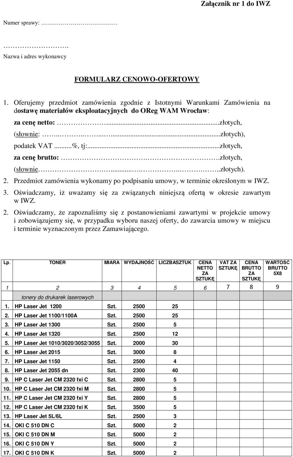 ..%, tj:...złotych, za cenę brutto:..złotych, (słownie..........złotych). 2. Przedmiot zamówienia wykonamy po podpisaniu umowy, w terminie określonym w IWZ. 3.