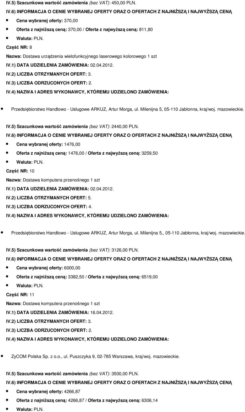 3) LICZBA ODRZUCONYCH OFERT: 2. Przedsiębiorstwo Handlowo - Usługowe ARKUZ, Artur Morga, ul. Milenijna 5, 05-110 Jabłonna, kraj/woj. mazowieckie. IV.