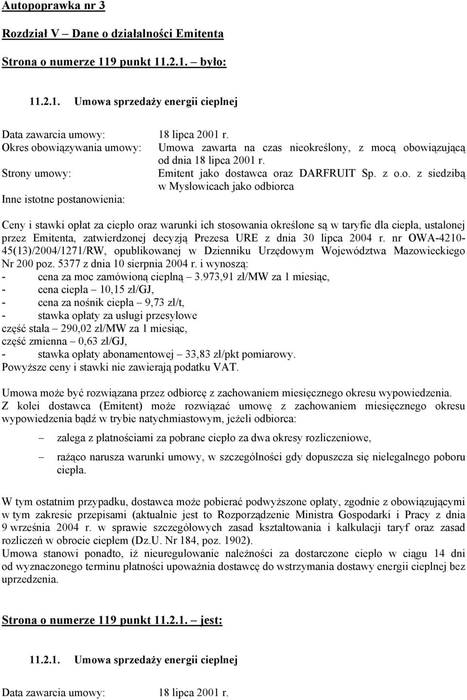 owiązywania umowy: Umowa zawarta na czas nieokreślony, z mocą obowiązującą od dnia 18 lipca 2001 r. Strony umowy: Emitent jako dostawca oraz DARFRUIT Sp. z o.o. z siedzibą w Mysłowicach jako odbiorca