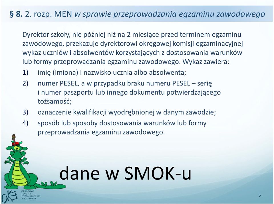 komisji egzaminacyjnej wykaz uczniów i absolwentów korzystających z dostosowania warunków lub formy przeprowadzania egzaminu zawodowego.