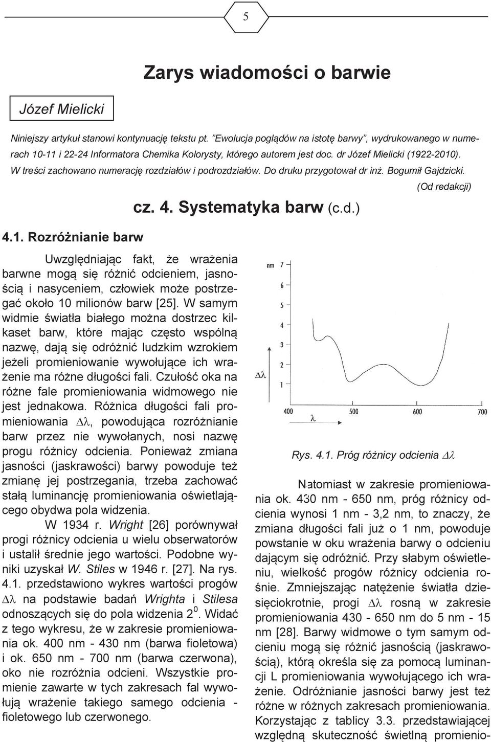 W treści zachowano numerację rozdziałów i podrozdziałów. Do druku przygotował dr inż. Bogumił Gajdzicki. (Od redakcji) cz. 4. Systematyka barw (c.d.) 4.1.