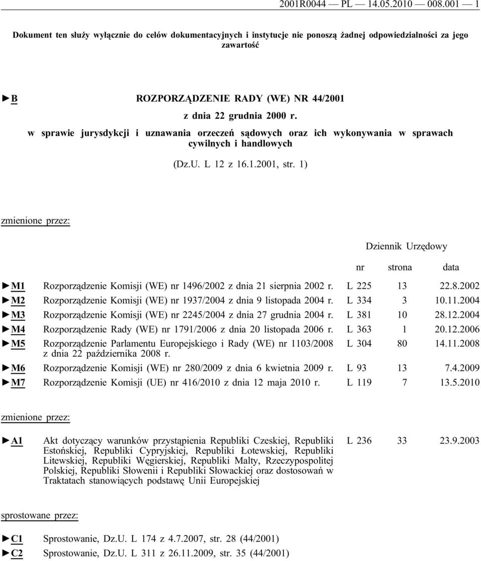 w sprawie jurysdykcji i uznawania orzeczeń sądowych oraz ich wykonywania w sprawach cywilnych i handlowych (Dz.U. L 12 z 16.1.2001, str.