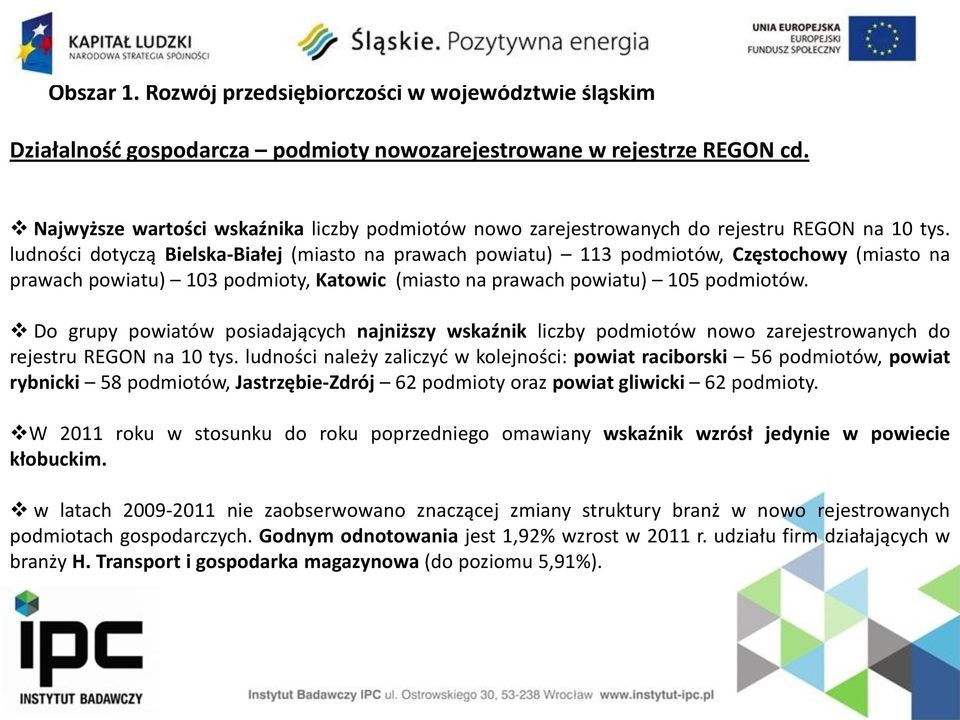 ludności dotyczą Bielska-Białej (miasto na prawach powiatu) 113 podmiotów, Częstochowy (miasto na prawach powiatu) 103 podmioty, Katowic (miasto na prawach powiatu) 105 podmiotów.