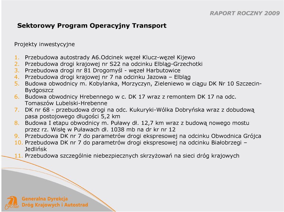 Kobylanka, Morzyczyn, Zieleniewo w ciągu DK Nr 10 Szczecin- Bydgoszcz 6. Budowa obwodnicy Hrebennego w c. DK 17 wraz z remontem DK 17 na odc. Tomaszów Lubelski-Hrebenne 7.