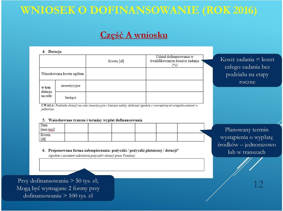 środków jednorazowo lub w transzach Przy dofinansowaniu > 50