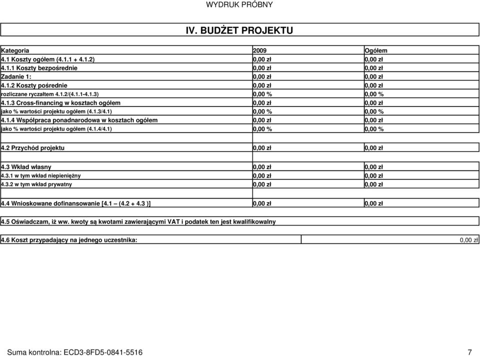 1.4/4.1) 0,00 % 0,00 % 4.2 Przychód projektu 4.3 Wkład własny 4.3.1 w tym wkład niepieniężny 4.3.2 w tym wkład prywatny 4.4 Wnioskowane dofinansowanie [4.1 (4.2 + 4.3 )] 4.