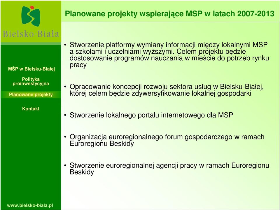 Bielsku-Białej, której celem będzie zdywersyfikowanie lokalnej gospodarki Stworzenie lokalnego portalu internetowego dla MSP