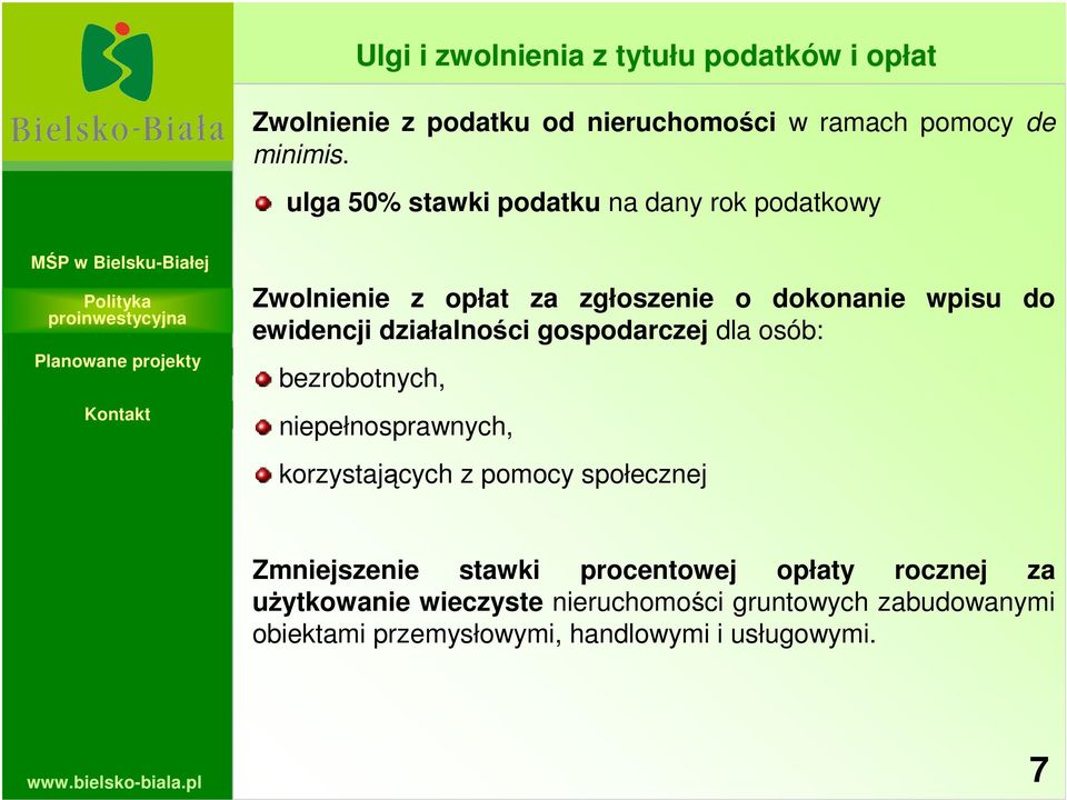działalności gospodarczej dla osób: bezrobotnych, niepełnosprawnych, korzystających z pomocy społecznej Zmniejszenie