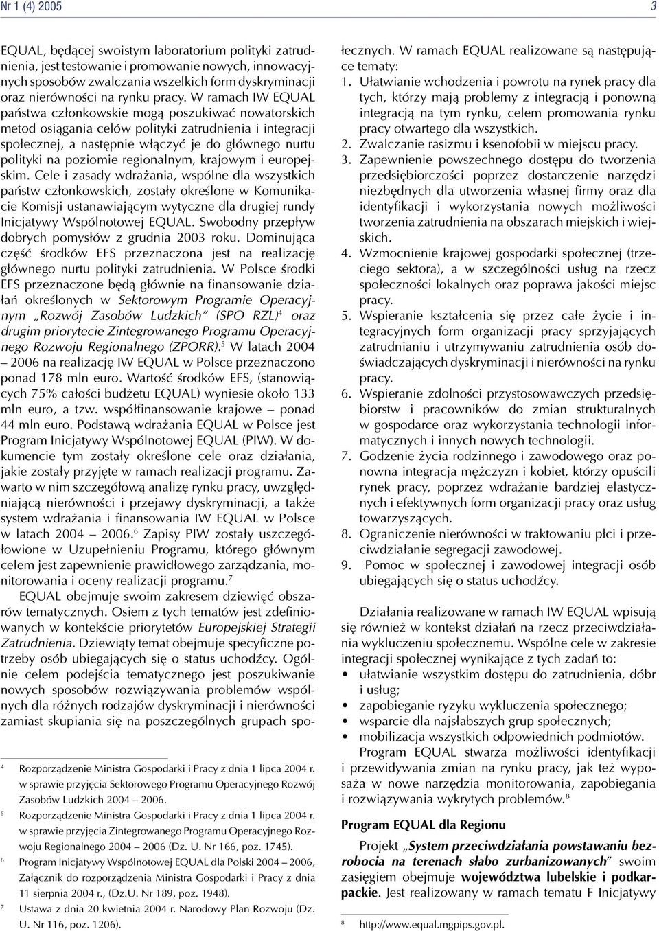 6 Program Inicjatywy Wspólnotowej EQUAL dla Polski 2004 2006, Załącznik do rozporządzenia Ministra Gospodarki i Pracy z dnia 11 sierpnia 2004 r., (Dz.U. Nr 189, poz. 1948).