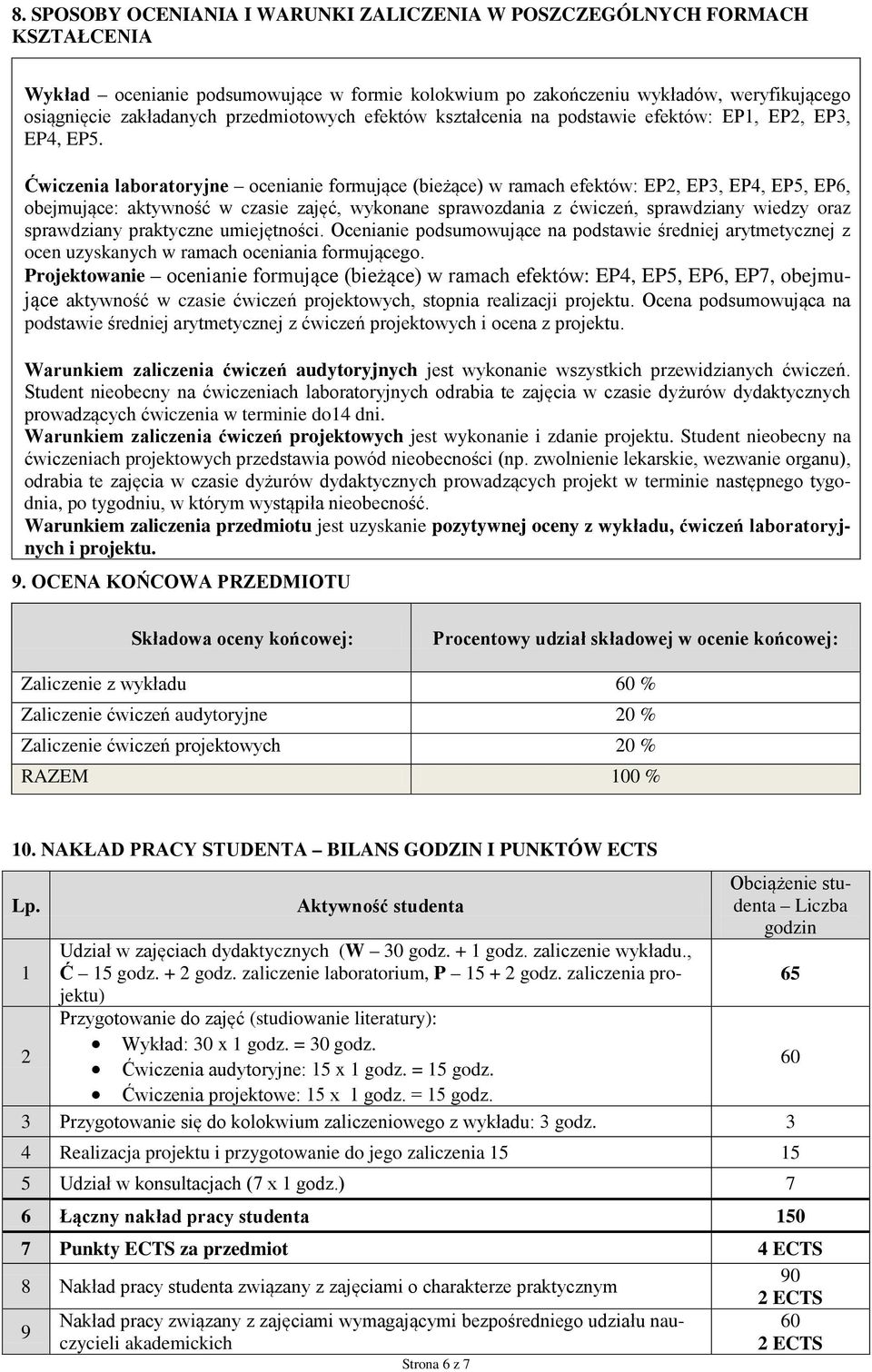 Ćwiczenia laboratoryjne ocenianie formujące (bieżące) w ramach efektów: EP,, EP4, EP5, EP6, obejmujące: aktywność w czasie zajęć, wykonane sprawozdania z ćwiczeń, sprawdziany wiedzy oraz sprawdziany