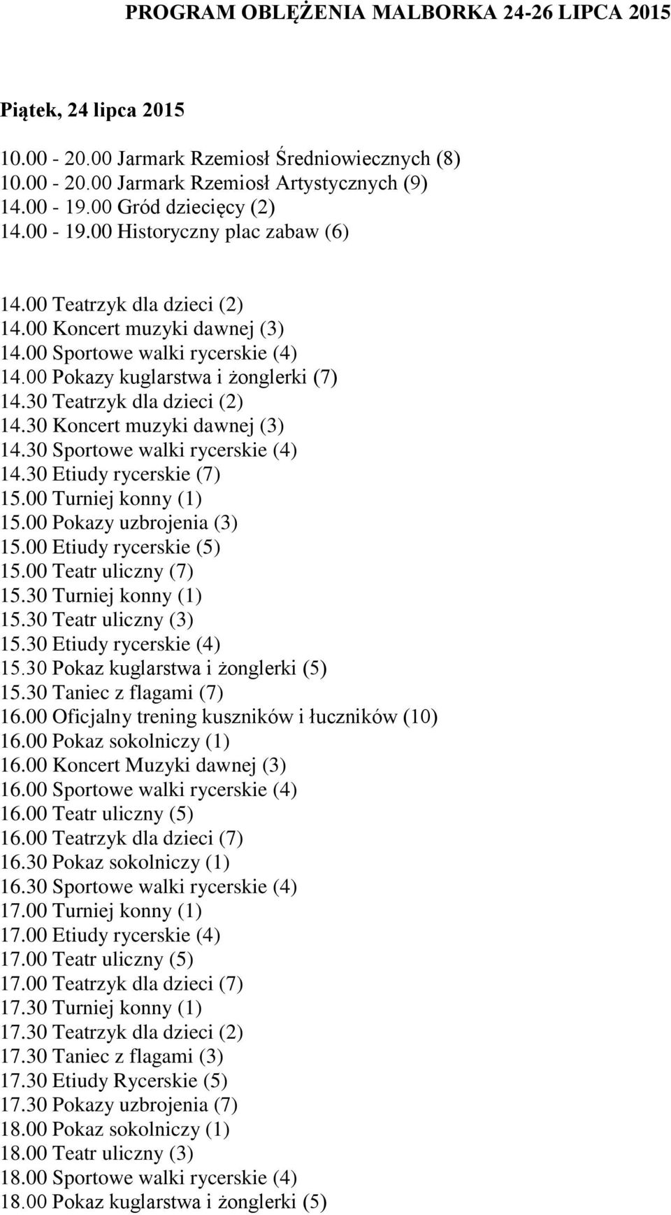 30 Sportowe walki rycerskie (4) 14.30 Etiudy rycerskie (7) 15.00 Pokazy uzbrojenia (3) 15.00 Etiudy rycerskie (5) 15.00 Teatr uliczny (7) 15.30 Turniej konny (1) 15.30 Teatr uliczny (3) 15.