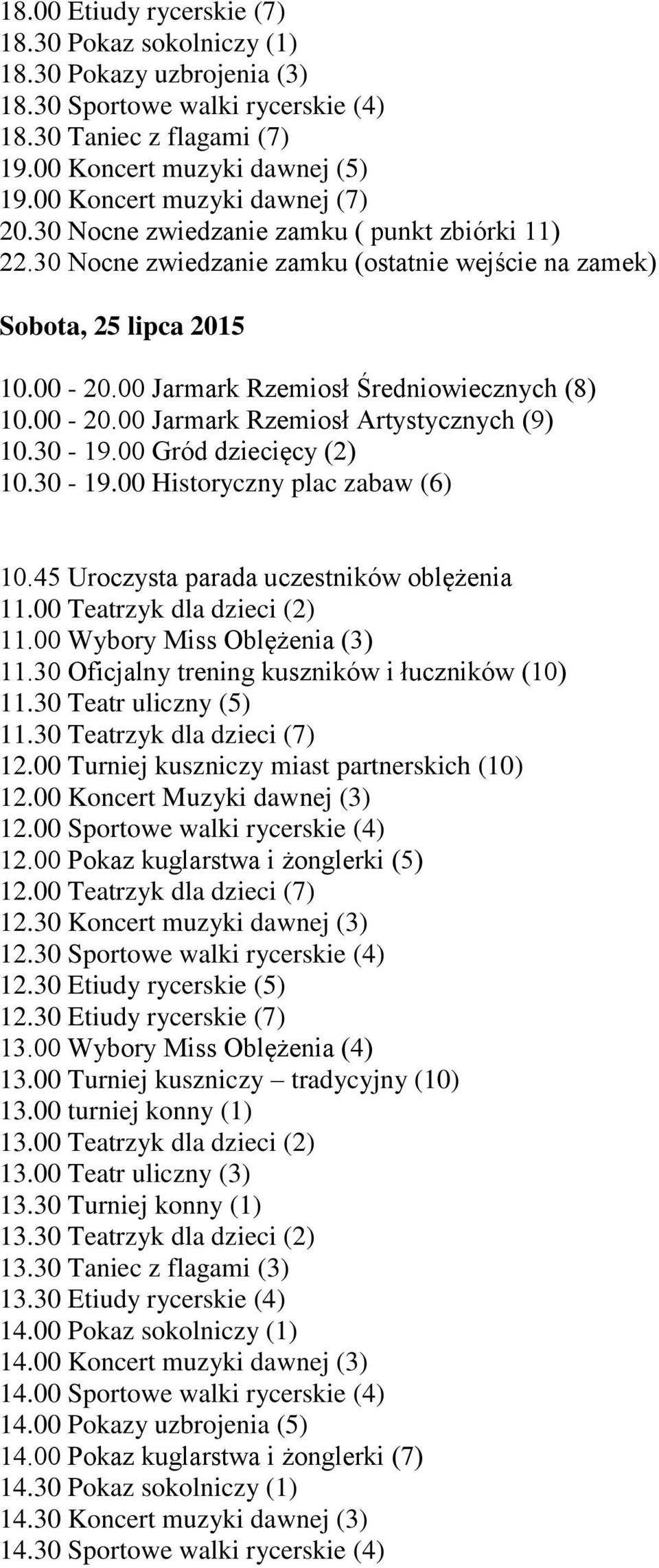 30-19.00 Gród dziecięcy (2) 10.30-19.00 Historyczny plac zabaw (6) 10.45 Uroczysta parada uczestników oblężenia 11.00 Teatrzyk dla dzieci (2) 11.00 Wybory Miss Oblężenia (3) 11.