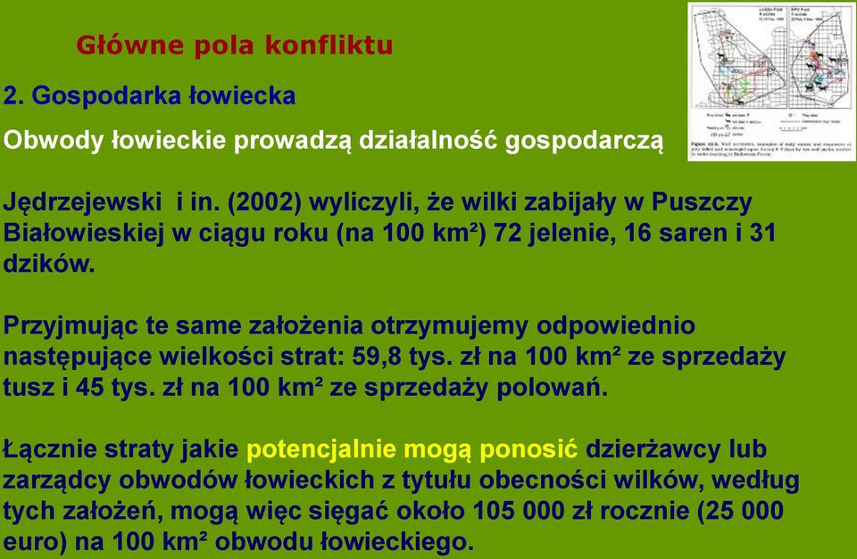 Przyjmując te same założenia otrzymujemy odpowiednio następujące wielkości strat: 59,8 tys. zł na 100 km² ze sprzedaży tusz i 45 tys.