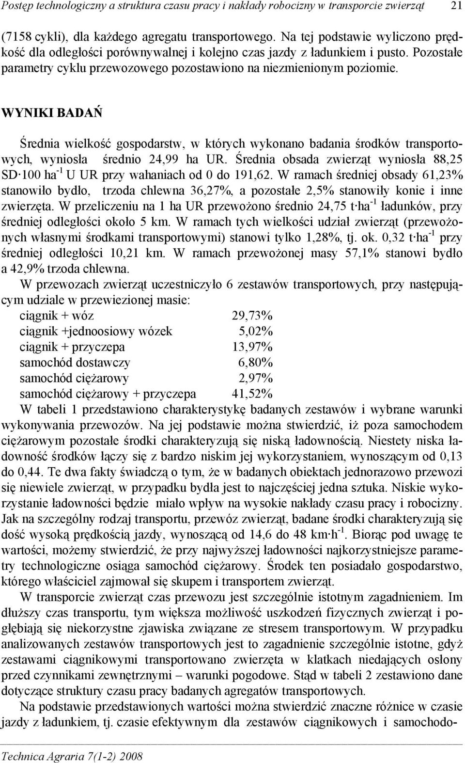 WYNIKI BADAŃ Średnia wielkość gospodarstw, w których wykonano badania środków transportowych, wyniosła średnio 24,99 ha UR.