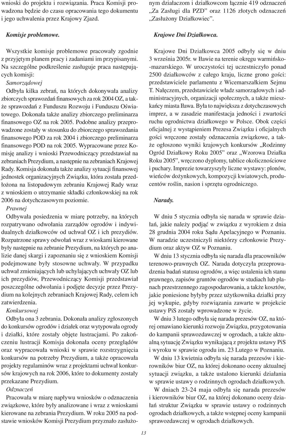 Na szczególne podkreślenie zasługuje praca następujących komisji: Samorządowej Odbyła kilka zebrań, na których dokonywała analizy zbiorczych sprawozdań finansowych za rok 2004 OZ, a także sprawozdań