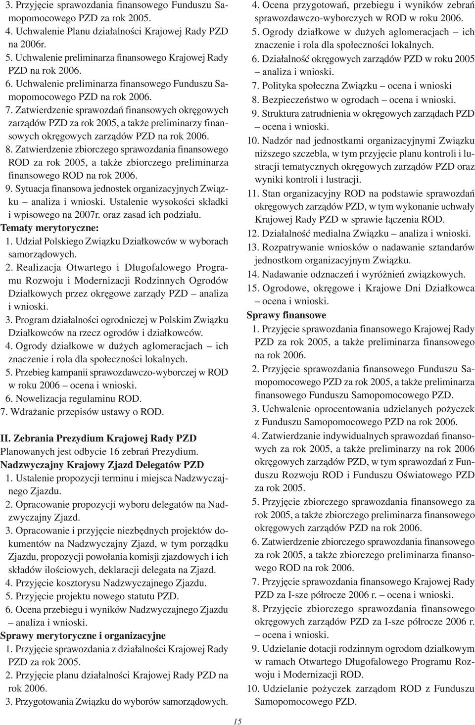 Zatwierdzenie sprawozdań finansowych okręgowych zarządów PZD za rok 2005, a także preliminarzy finansowych okręgowych zarządów PZD na rok 2006. 8.