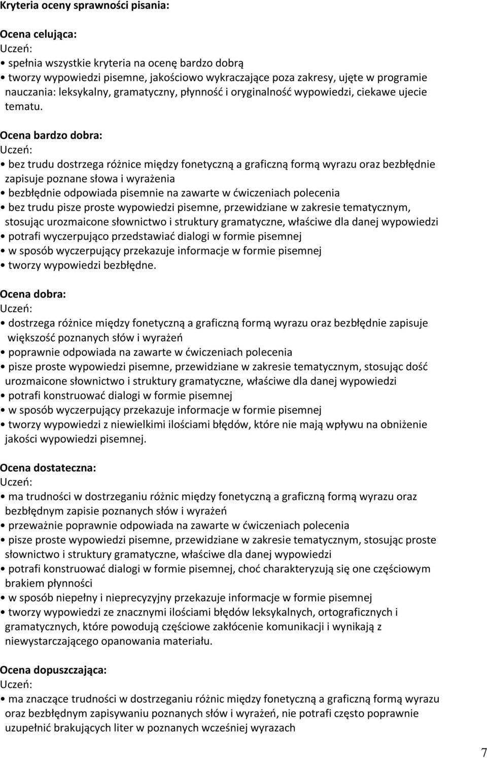 Ocena bardzo dobra: bez trudu dostrzega różnice między fonetyczną a graficzną formą wyrazu oraz bezbłędnie zapisuje poznane słowa i wyrażenia bezbłędnie odpowiada pisemnie na zawarte w ćwiczeniach