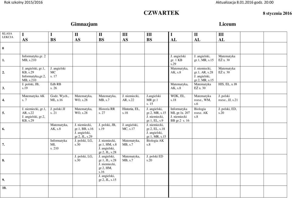 16 JJ, nformatyka MŁ WO, WO, gr.2, JL, s.29, JB, gr.1, HM, gr.2, JL, gr.1, JL, gr.2, HM, s.16 gr.2, JL, s.15 MC, J.