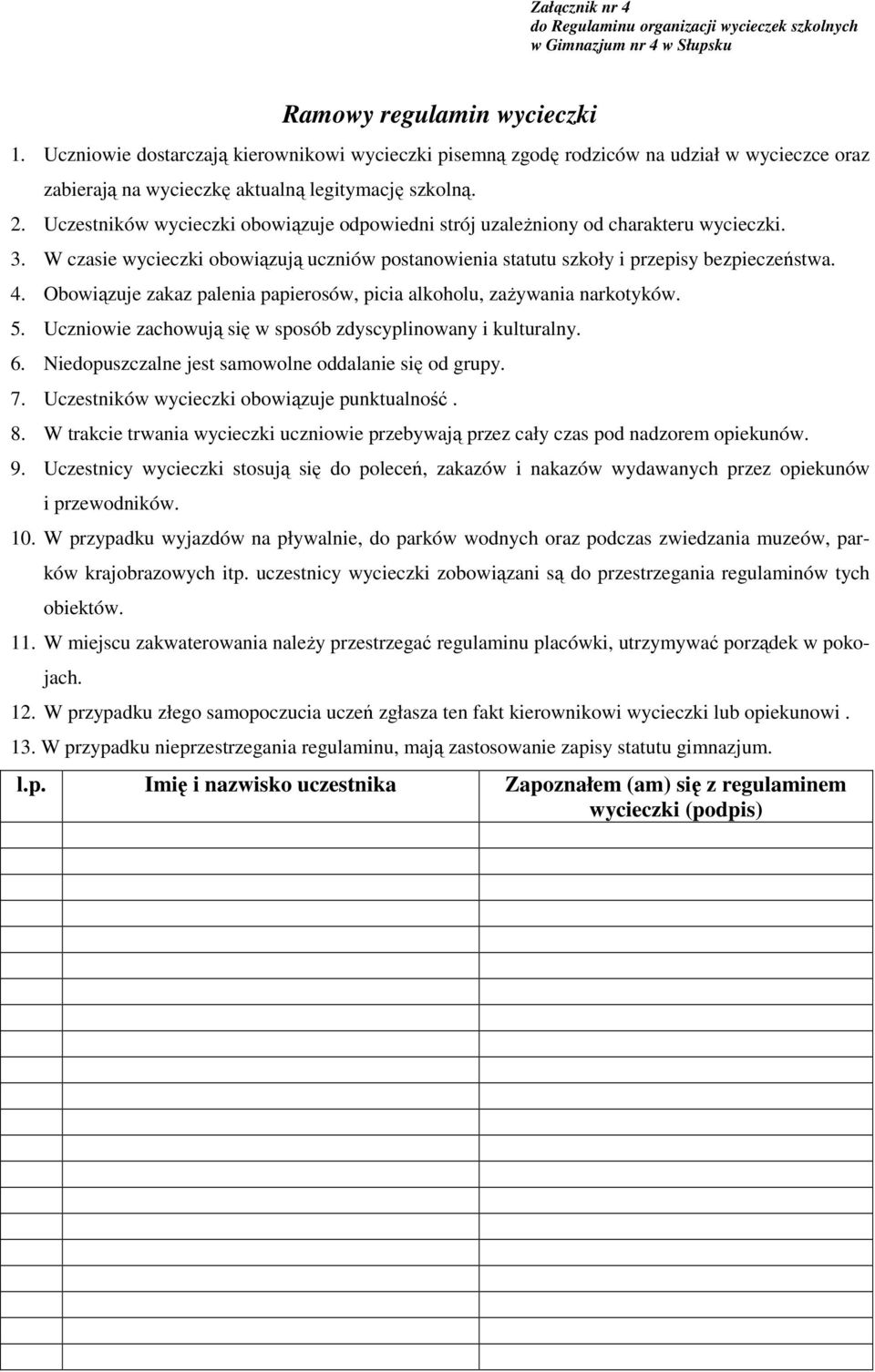 Uczestników wycieczki obowiązuje odpowiedni strój uzależniony od charakteru wycieczki. 3. W czasie wycieczki obowiązują uczniów postanowienia statutu szkoły i przepisy bezpieczeństwa. 4.