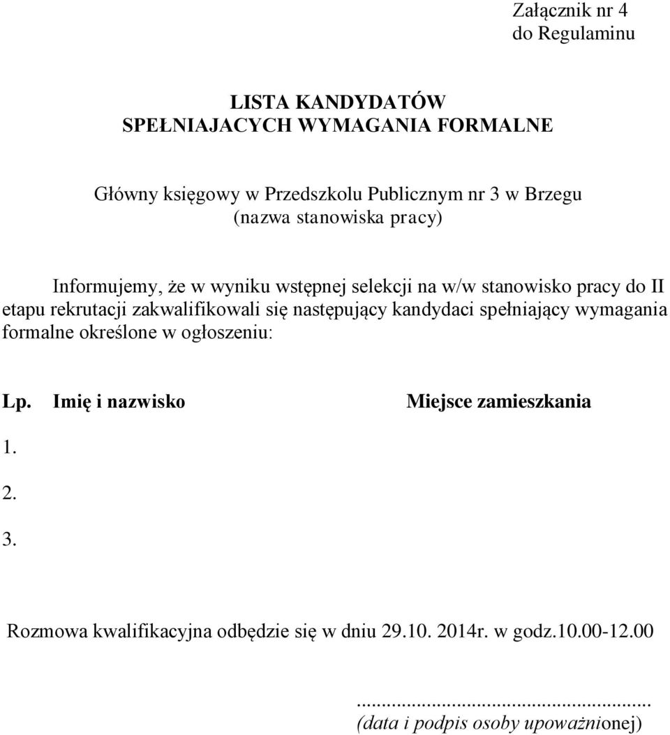 zakwalifikowali się następujący kandydaci spełniający wymagania formalne określone w ogłoszeniu: Lp.