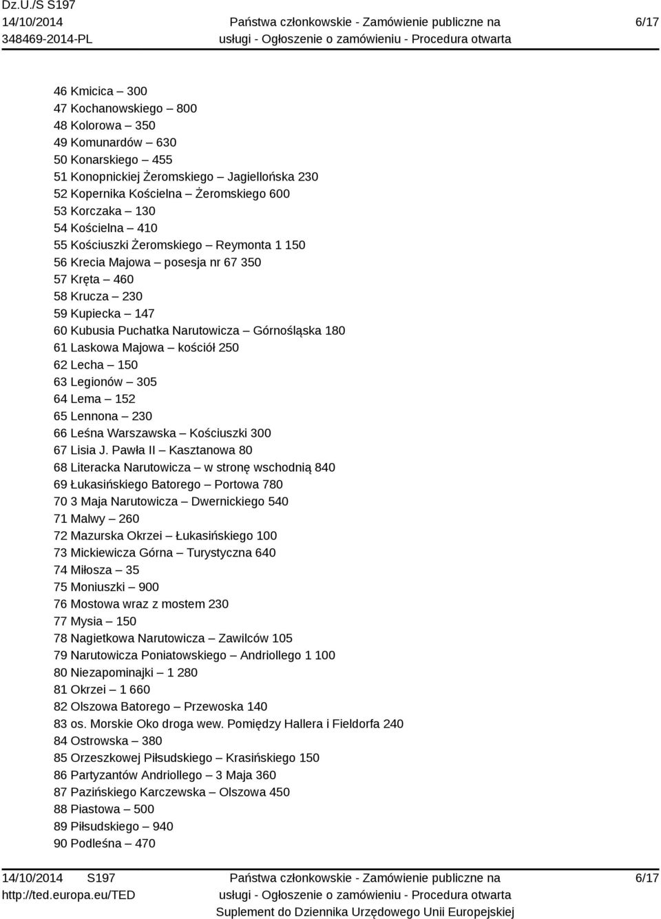 kościół 250 62 Lecha 150 63 Legionów 305 64 Lema 152 65 Lennona 230 66 Leśna Warszawska Kościuszki 300 67 Lisia J.