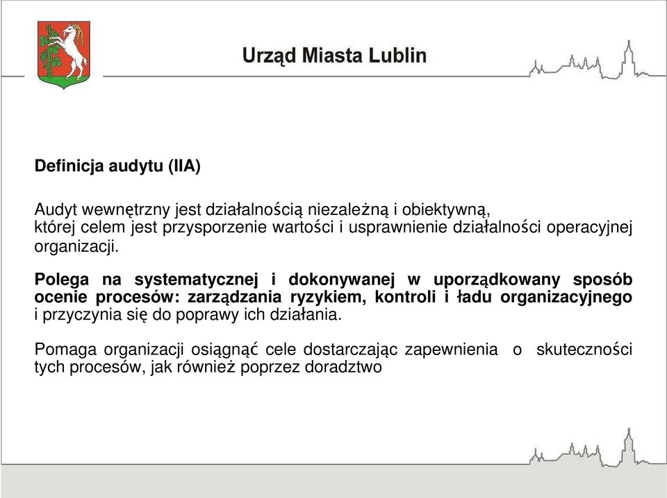 Polega na systematycznej i dokonywanej w uporządkowany sposób ocenie procesów: zarządzania ryzykiem, kontroli i ładu