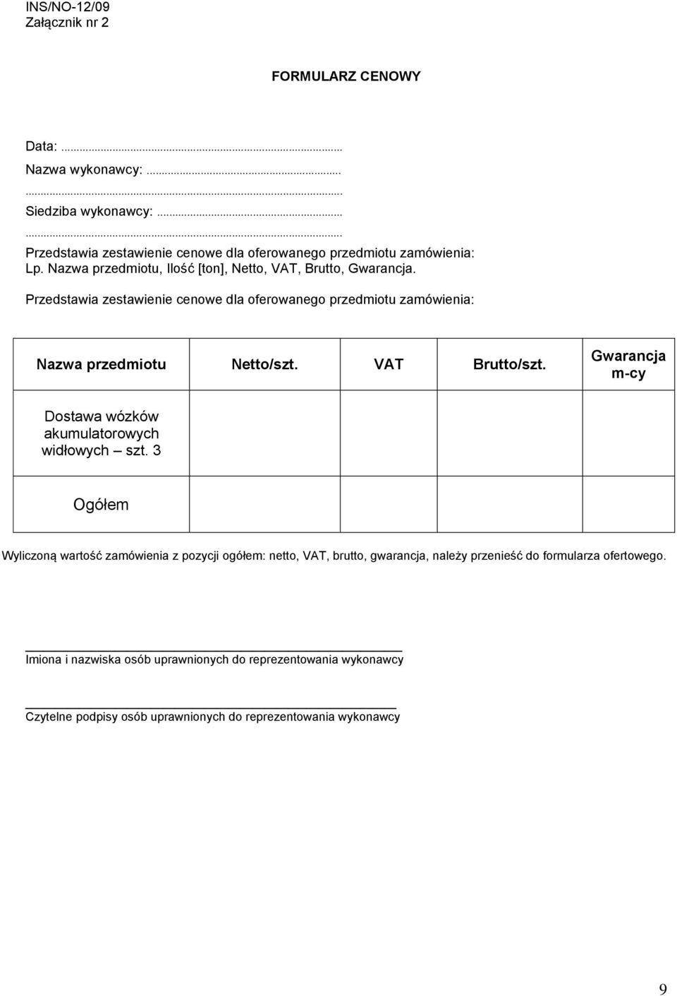 Przedstawia zestawienie cenowe dla oferowanego przedmiotu zamówienia: Nazwa przedmiotu Netto/szt. VAT Brutto/szt.