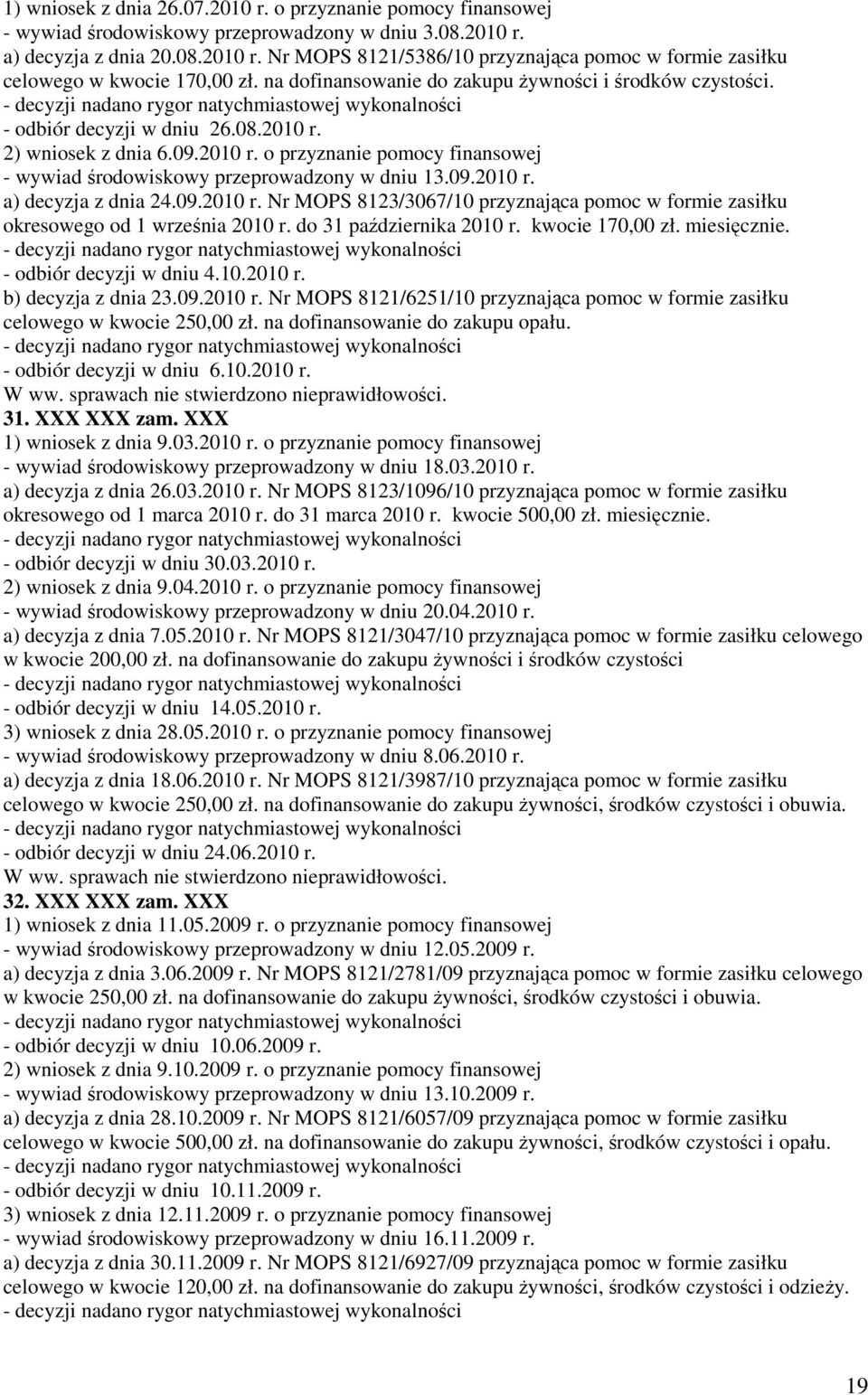 09.2010 r. a) decyzja z dnia 24.09.2010 r. Nr MOPS 8123/3067/10 przyznająca pomoc w formie zasiłku okresowego od 1 września 2010 r. do 31 października 2010 r. kwocie 170,00 zł. miesięcznie.