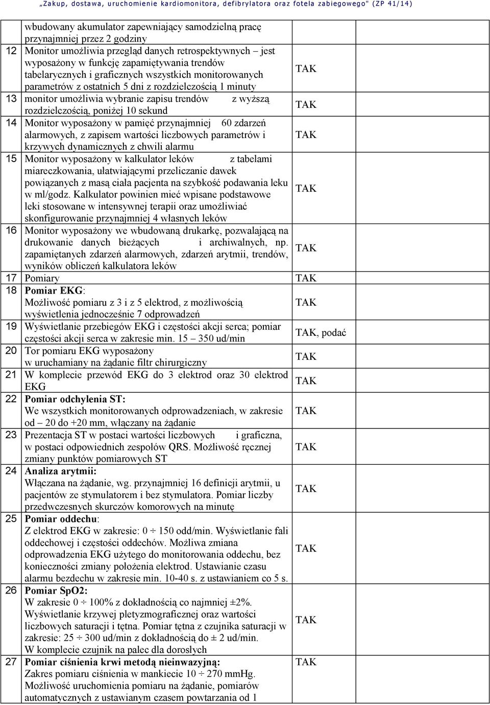 wyposażony w pamięć przynajmniej 60 zdarzeń alarmowych, z zapisem wartości liczbowych parametrów i krzywych dynamicznych z chwili alarmu 15 Monitor wyposażony w kalkulator leków z tabelami