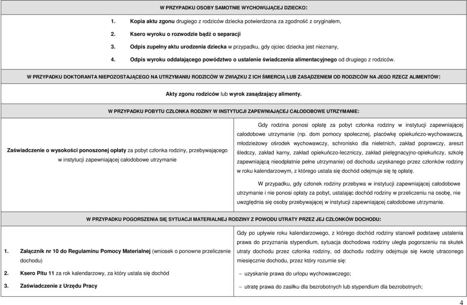 W PRZYPADKU DOKTORANTA NIEPOZOSTAJĄCEGO NA UTRZYMANIU RODZICÓW W ZWIĄZKU Z ICH ŚMIERCIĄ LUB ZASĄDZENIEM OD RODZICÓW NA JEGO RZECZ ALIMENTÓW: Akty zgonu rodziców lub wyrok zasądzający alimenty.