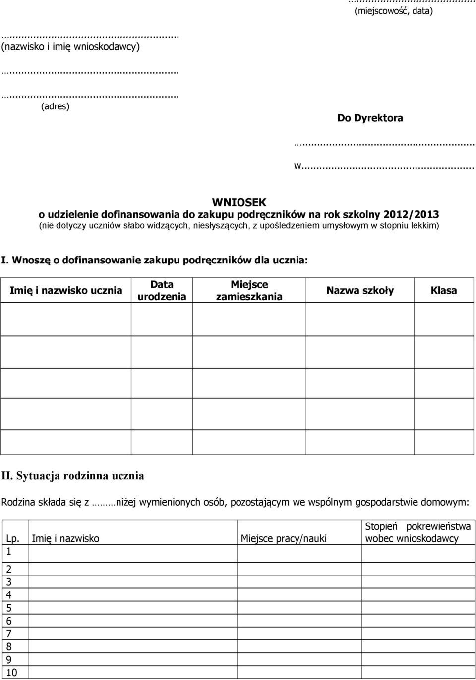 .. WNIOSEK o udzielenie dofinansowania do zakupu podręczników na rok szkolny 2012/2013 (nie dotyczy uczniów słabo widzących, niesłyszących, z upośledzeniem