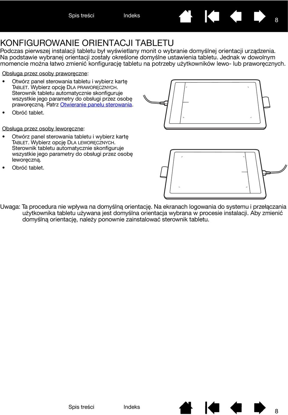 Obsługa przez osoby praworęczne: Otwórz panel sterowania tabletu i wybierz kartę TABLET. Wybierz opcję DLA PRAWORĘCZNYCH.