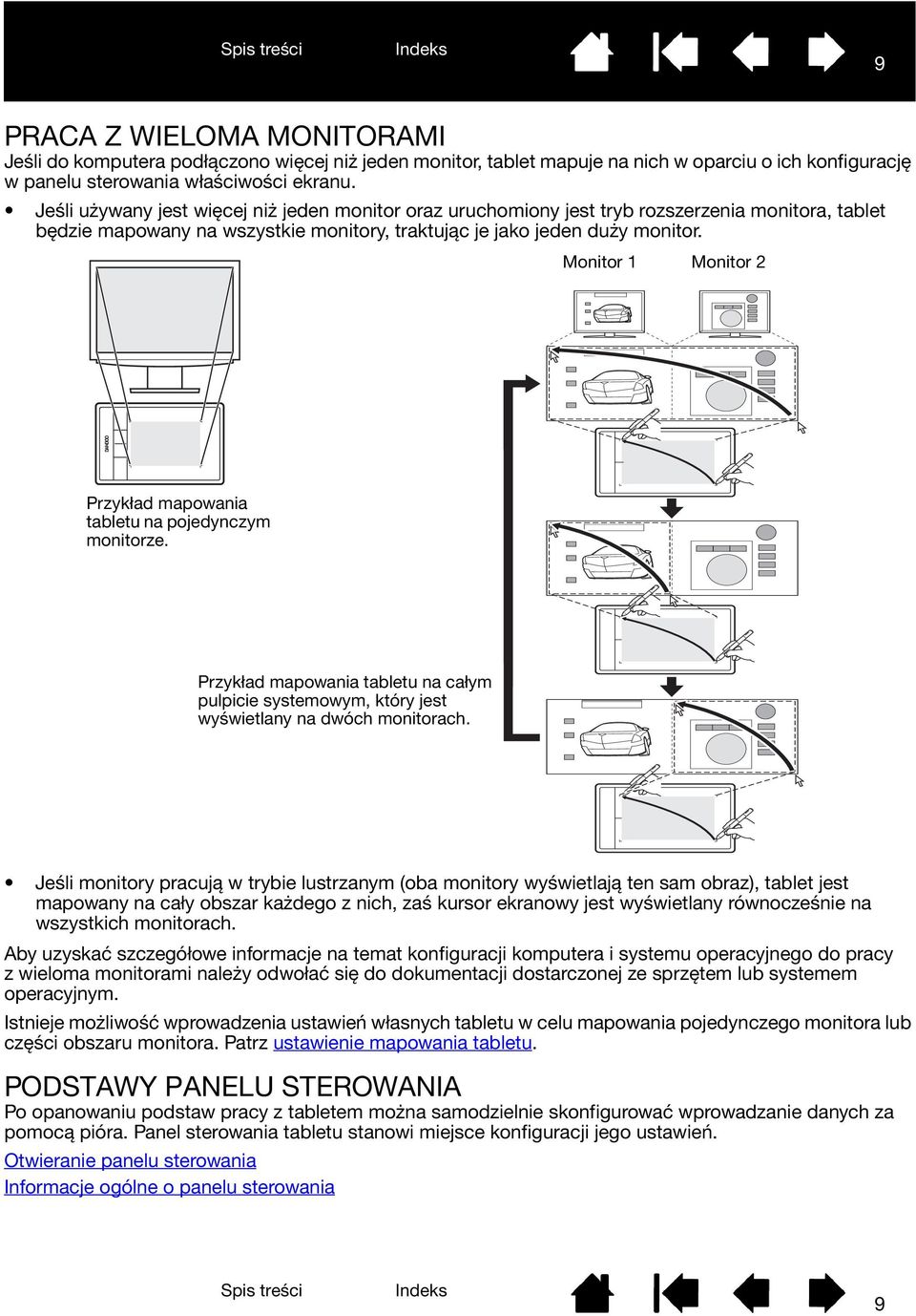 Monitor 1 Monitor 2 Przykład mapowania tabletu na pojedynczym monitorze. Przykład mapowania tabletu na całym pulpicie systemowym, który jest wyświetlany na dwóch monitorach.
