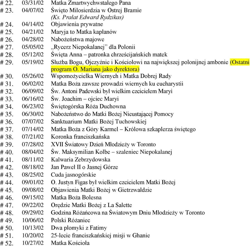 05/19/02 Służba Bogu, Ojczyźnie i Kościołowi na największej polonijnej ambonie (Ostatni program O. Mariana jako dyrektora) # 30. 05/26/02 Wspomożycielka Wiernych i Matka Dobrej Rady # 31.