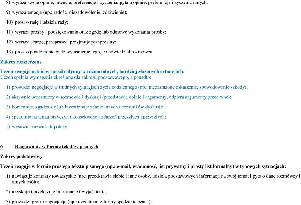 13) prosi o powtórzenie bądź wyjaśnienie tego, co powiedział rozmówca. Zakres rozszerzony Uczeń reaguje ustnie w sposób płynny w różnorodnych, bardziej złożonych sytuacjach.