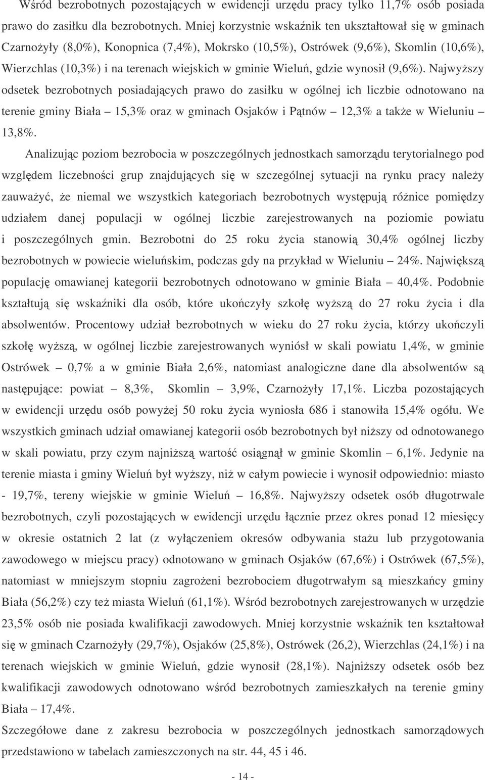 Njwyszy dsete ezrtnych psidjcych prw d zsiłu w gólnej ich liczie dntwn n terenie gminy Bił 15,3% rz w gminch Osjów i Ptnów 12,3% te w Wieluniu 13,8%.
