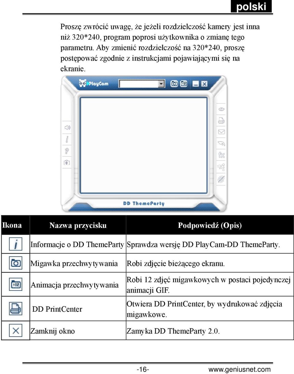 Ikona Nazwa przycisku Podpowiedź (Opis) Informacje o DD ThemeParty Sprawdza wersję DD PlayCam-DD ThemeParty.