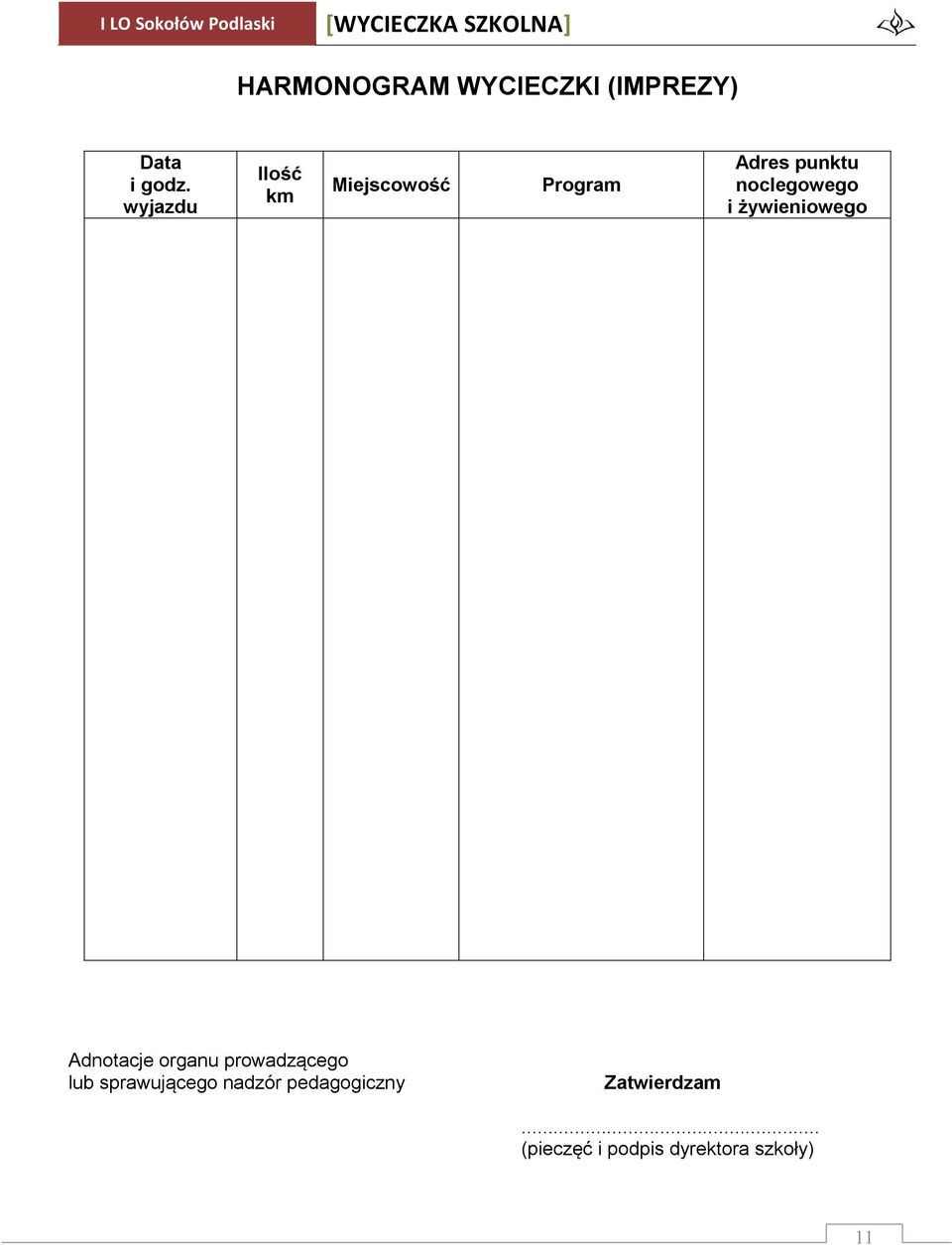 noclegowego i żywieniowego Adnotacje organu prowadzącego lub