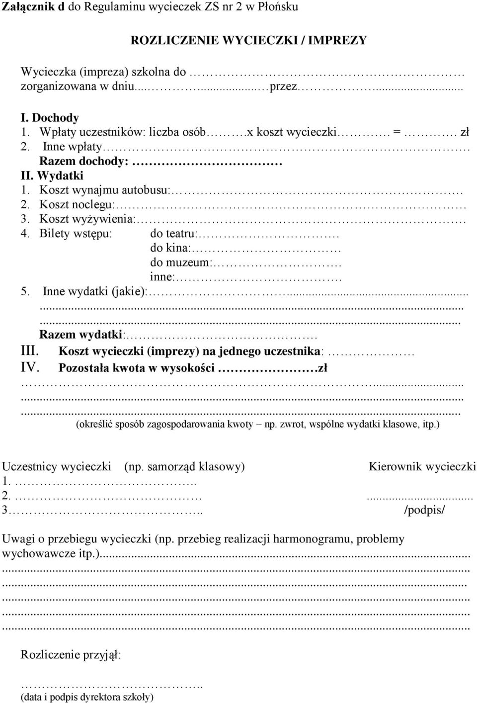 Inne wydatki (jakie):......... Razem wydatki:. Koszt wycieczki (imprezy) na jednego uczestnika: III. IV. Pozostała kwota w wysokości zł......... (określić sposób zagospodarowania kwoty np.