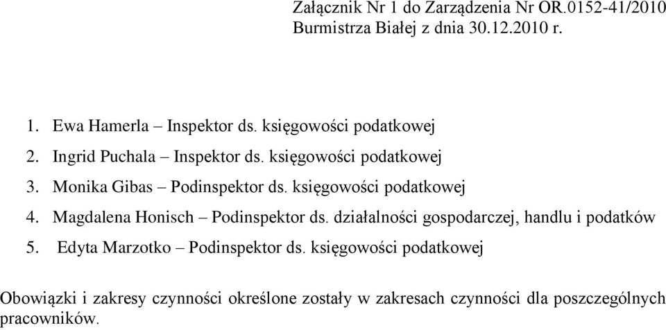 księgowości podatkowej 4. Magdalena Honisch Podinspektor ds. działalności gospodarczej, handlu i podatków 5.