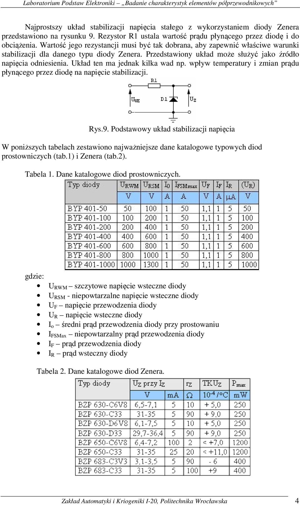 Układ ten ma jednak kilka wad np. wpływ temperatury i zmian prądu płynącego przez diodę na napięcie stabilizacji. Rys.9.