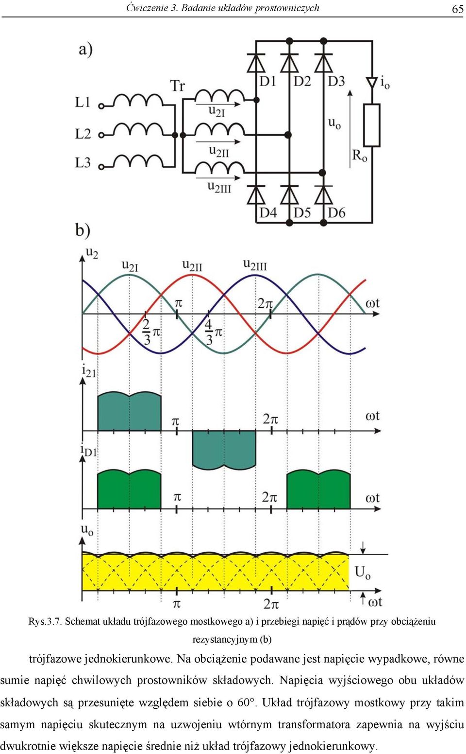 Na obciążenie podawane jest napięcie wypadkowe, równe sumie napięć chwilowych prostowników składowych.