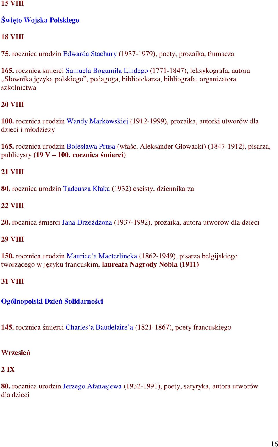 rocznica urodzin Wandy Markowskiej (1912-1999), prozaika, autorki utworów dla dzieci i młodzieży 165. rocznica urodzin Bolesława Prusa (właśc.