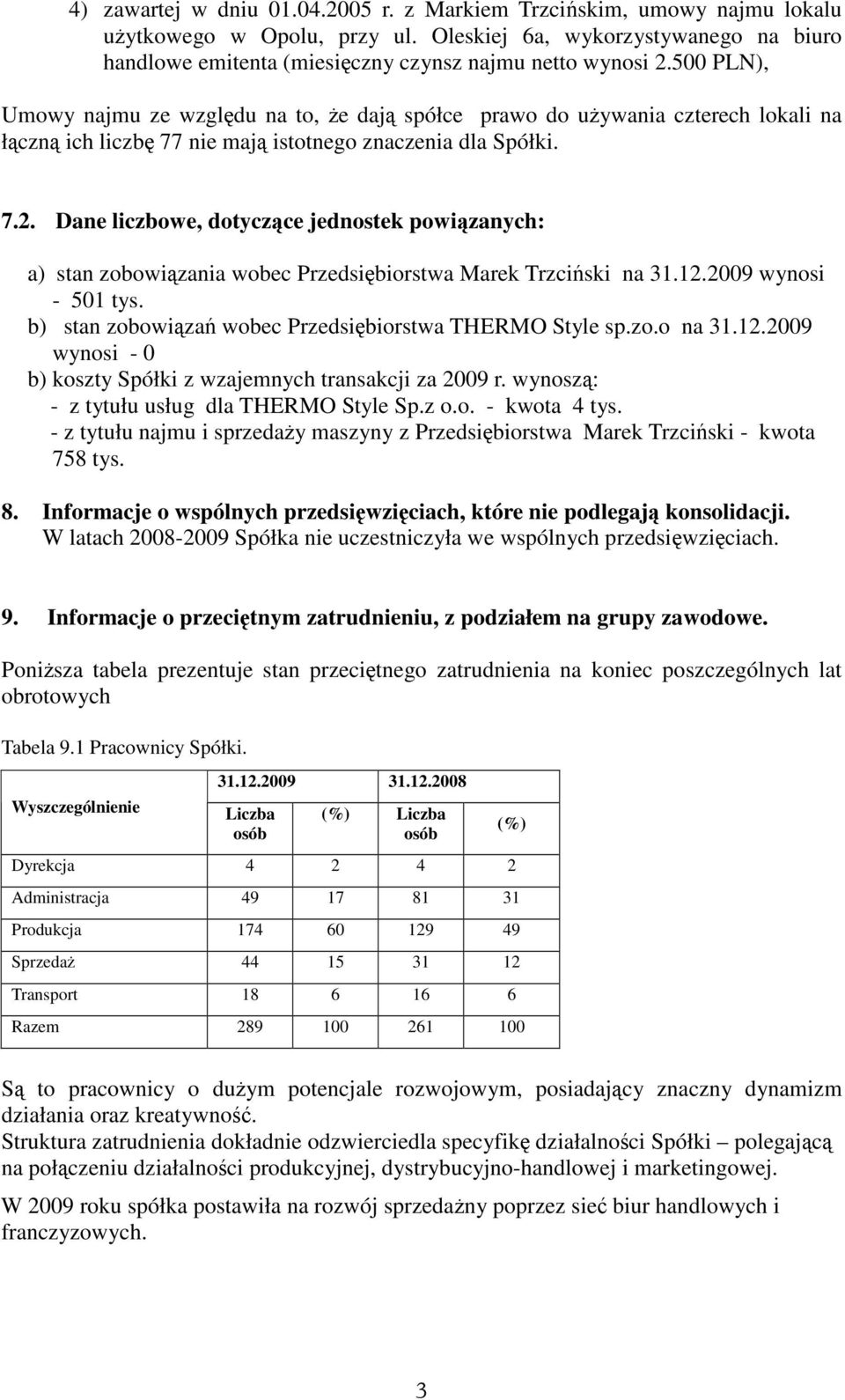 Dane liczbowe, dotyczce jednostek powizanych: a) stan zobowizania wobec Przedsibiorstwa Marek Trzciski na 31.12.2009 wynosi - 501 tys. b) stan zobowiza wobec Przedsibiorstwa THERMO Style sp.zo.o na 31.