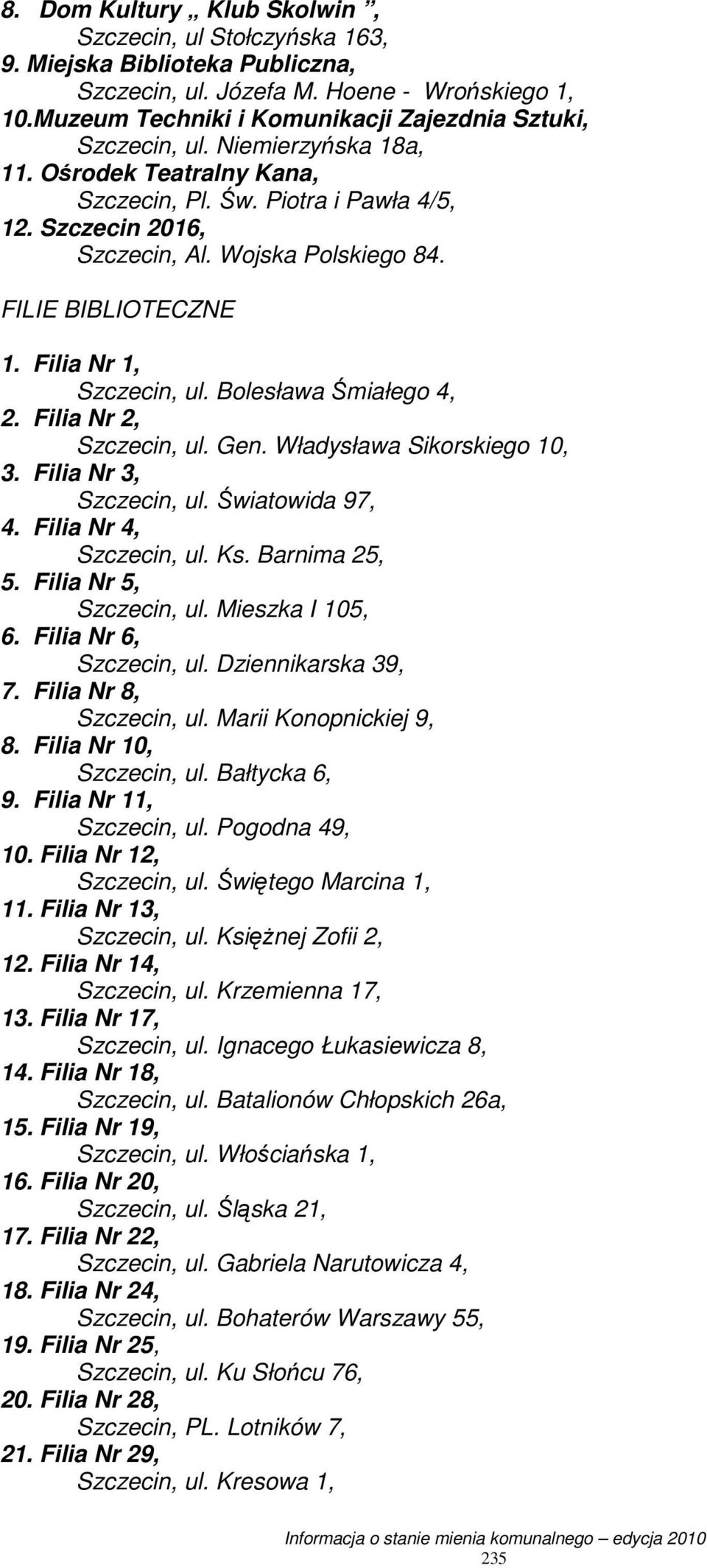 FILIE BIBLIOTECZNE 1. Filia Nr 1, Szczecin, ul. Bolesława Śmiałego 4, 2. Filia Nr 2, Szczecin, ul. Gen. Władysława Sikorskiego 10, 3. Filia Nr 3, Szczecin, ul. Światowida 97, 4.