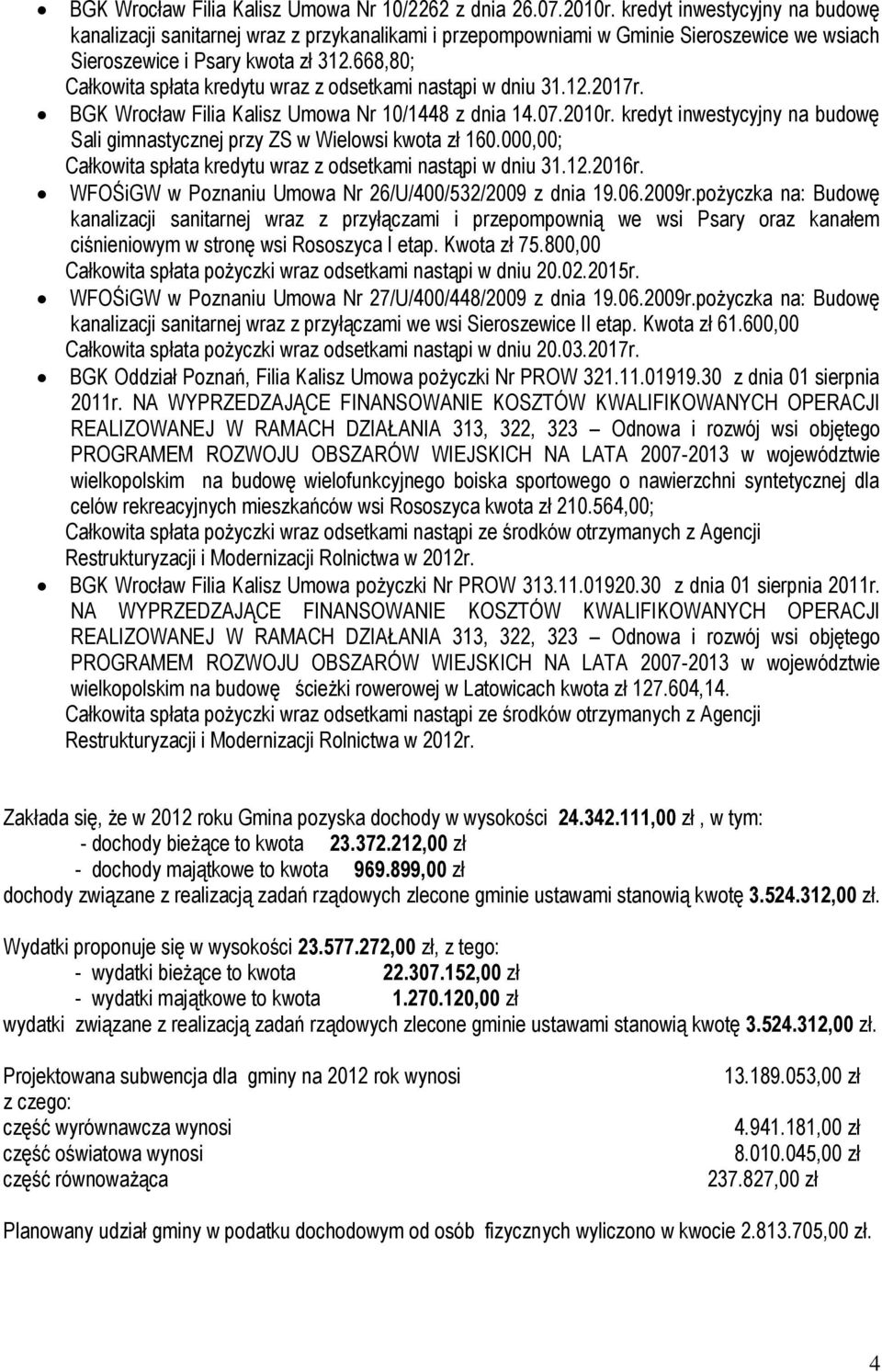 668,80; Całkowita spłata kredytu wraz z odsetkami nastąpi w dniu 31.12.2017r. BGK Wrocław Filia Kalisz Umowa Nr 10/1448 z dnia 14.07.2010r.