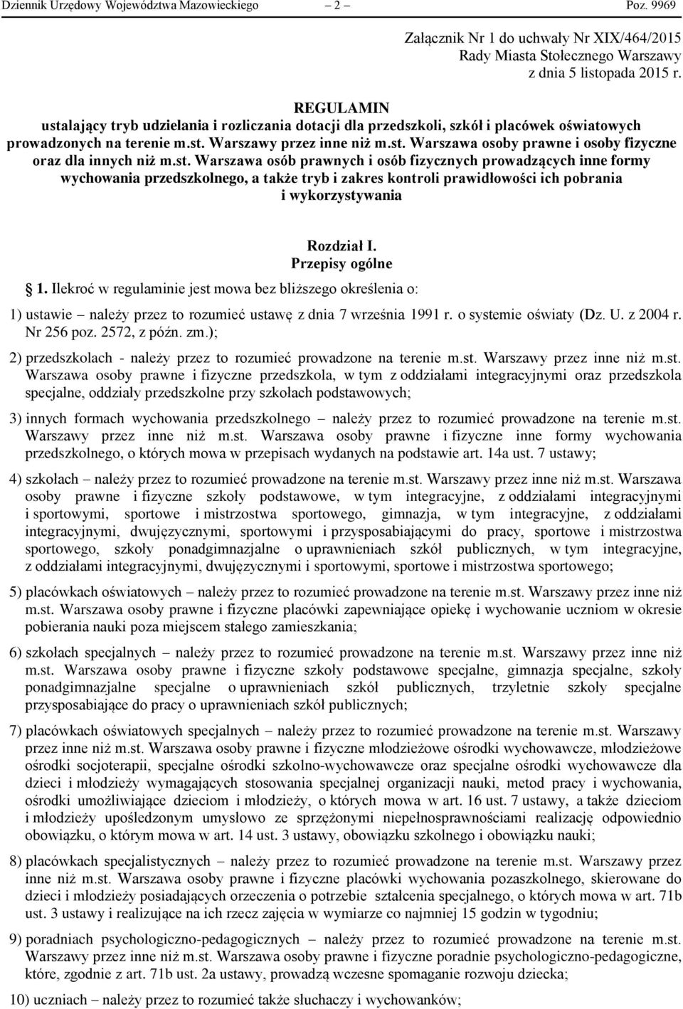 st. Warszawa osób prawnych i osób fizycznych prowadzących inne formy wychowania przedszkolnego, a także tryb i zakres kontroli prawidłowości ich pobrania i wykorzystywania Rozdział I.