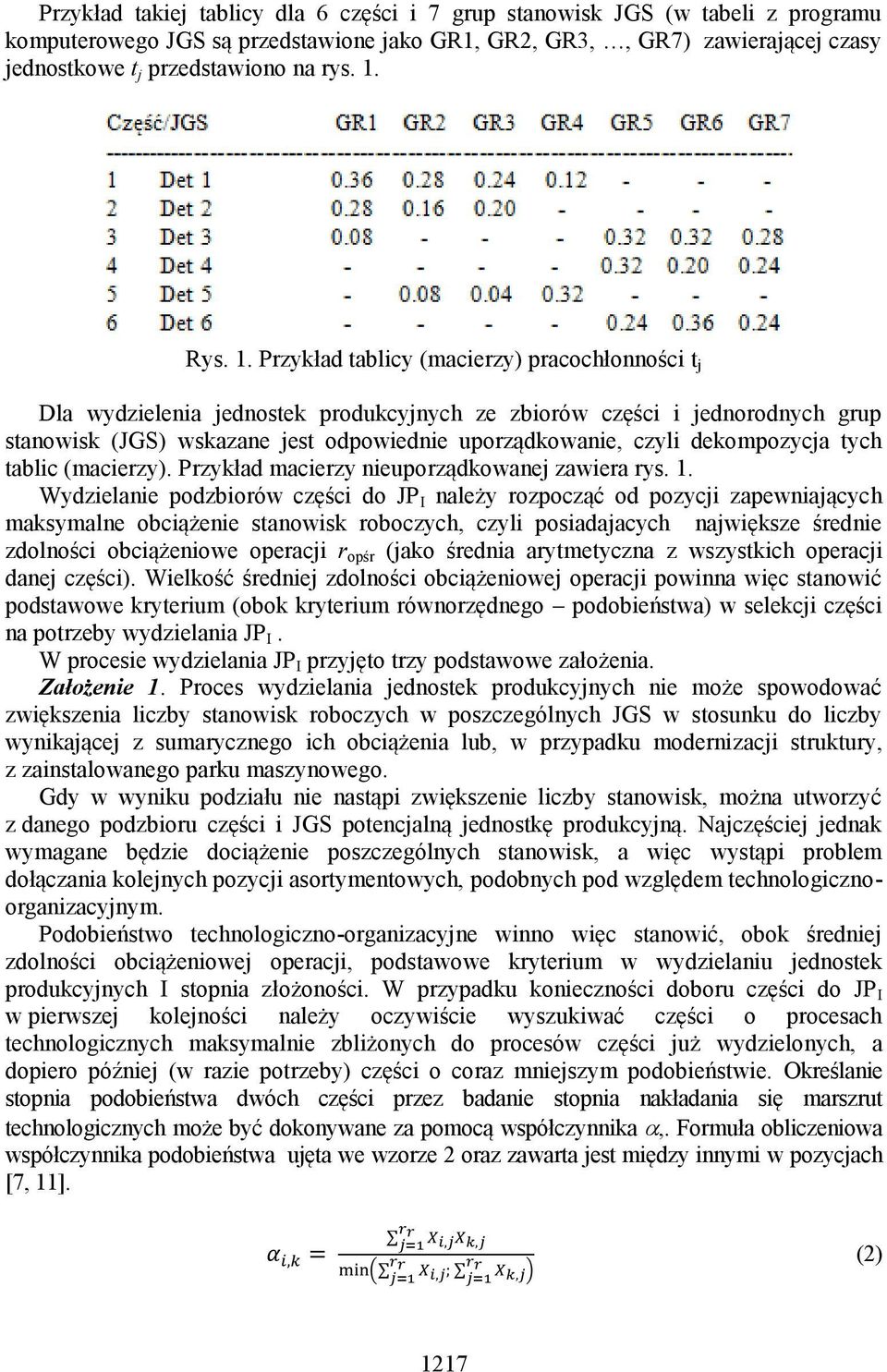 Przykład tablicy (macierzy) pracochłonności t j Dla wydzielenia jednostek produkcyjnych ze zbiorów części i jednorodnych grup stanowisk (JGS) wskazane jest odpowiednie uporządkowanie, czyli